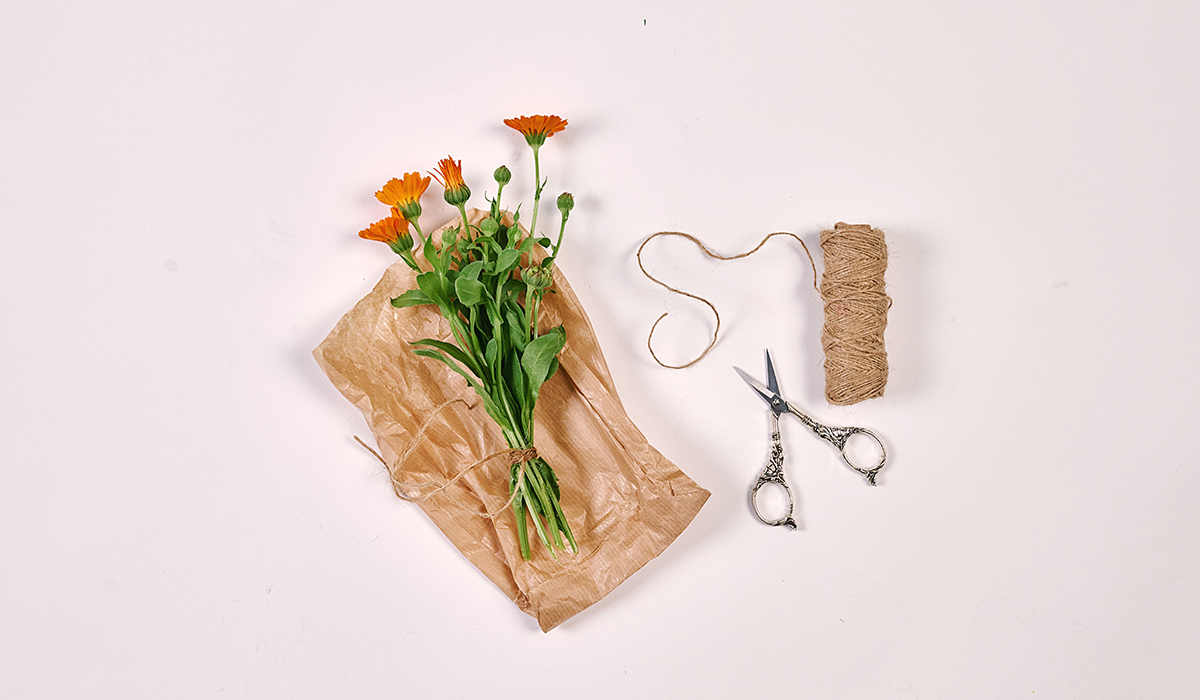 Ringelblumen, Papiersackerl, Schere und Spagat